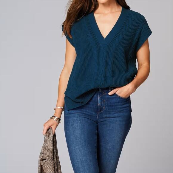 J.Jill $79 Large Peacock Blue V-Neck Cable Knit Classic Tunic Sweater Vest - Picture 2 of 11